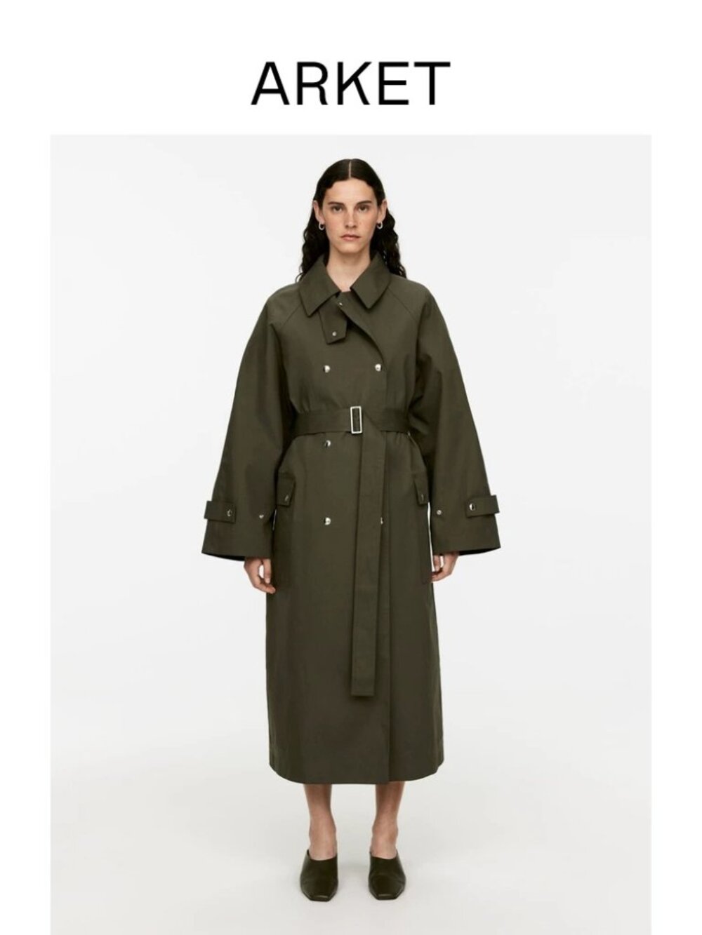 NWT ARKET Cotton Trench Coat Belted Long Double-Breasted Jacket Minimalist Olive